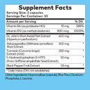 Supplement facts label with various vitamins and herbs on a blue background